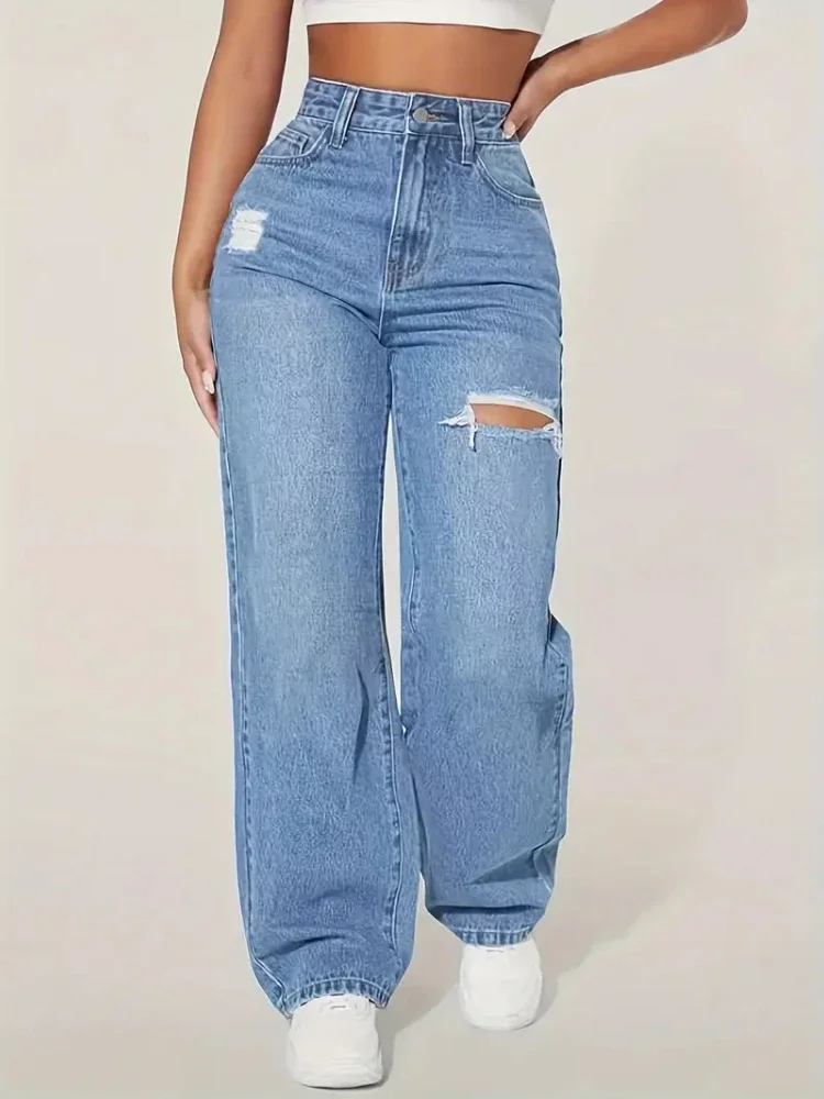 

2025 Pants Women's Jeans New Y2K Washed Blue Straight Loose Fit High Waist Hole Trousers Fashion Personality To Do Old Denim