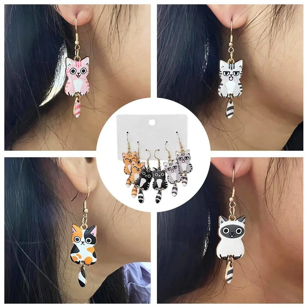 3 Pairs Fun Cute Enamel Alloy Hanging Tail Cat Dangle Colored Jewelry Fashion Wholesale Lovely Earrings Cat Ear Jewelry Gif P0C4