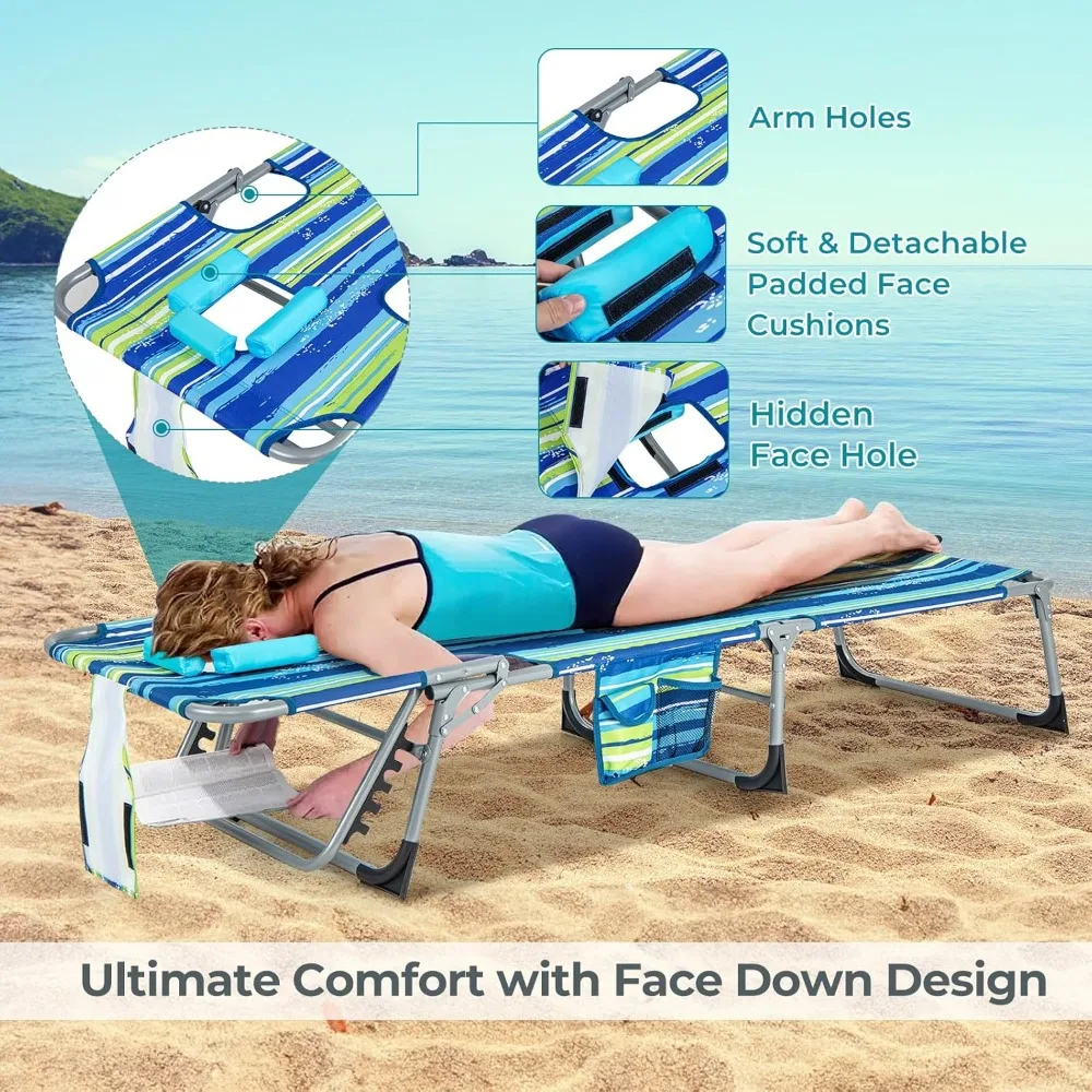 كرسي دباغة قابل للطي مع فتحة للوجه والذراع، كرسي صالة شاطئ قابل للتعديل بـ 5 أوضاع لحمامات الشمس في الهواء الطلق #3