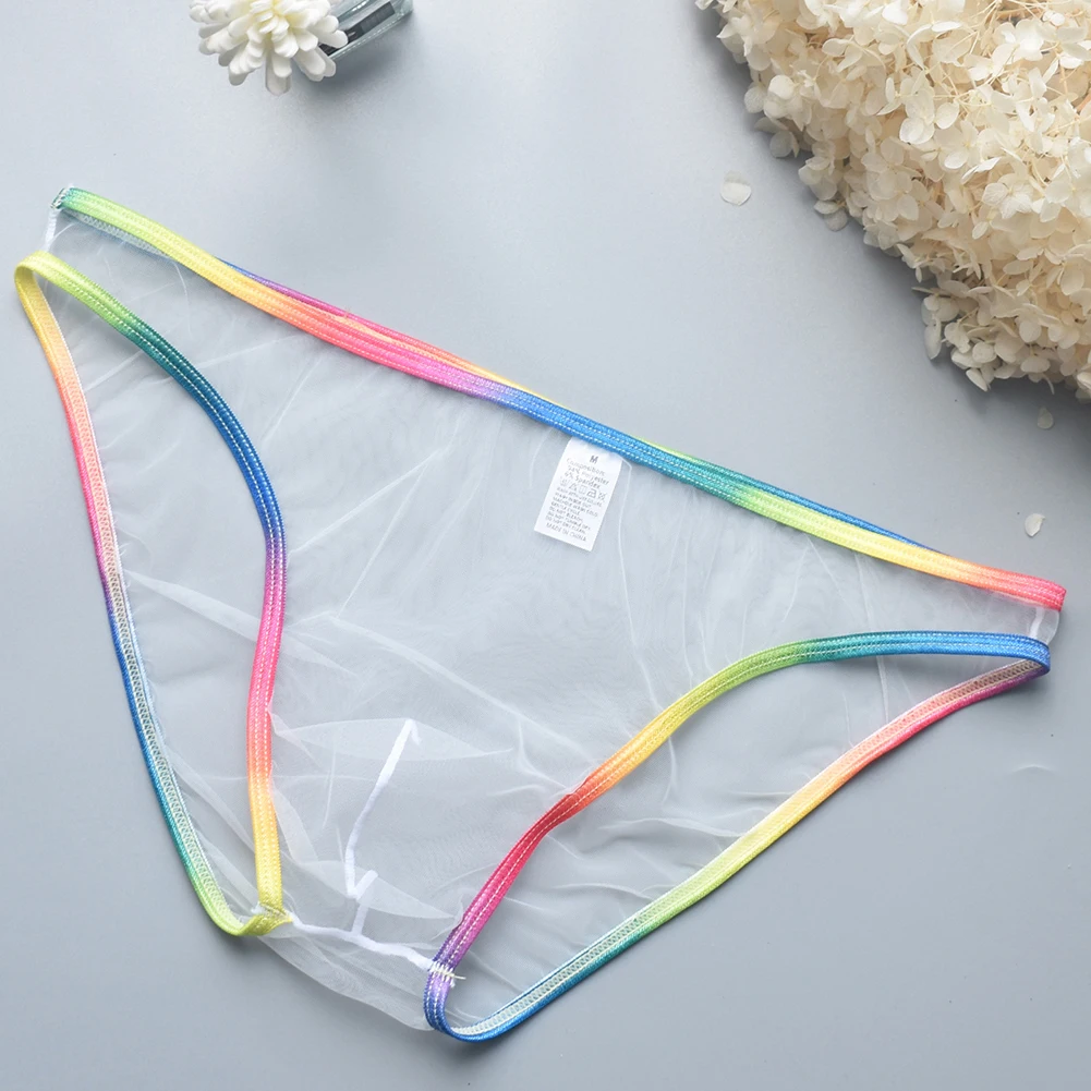 Sexy Mens Sheer Briefs Mesh Perspective Pouch Underwear Low Waist Underpants Rainbow Edge Panties Temptation Lingerie Hombre