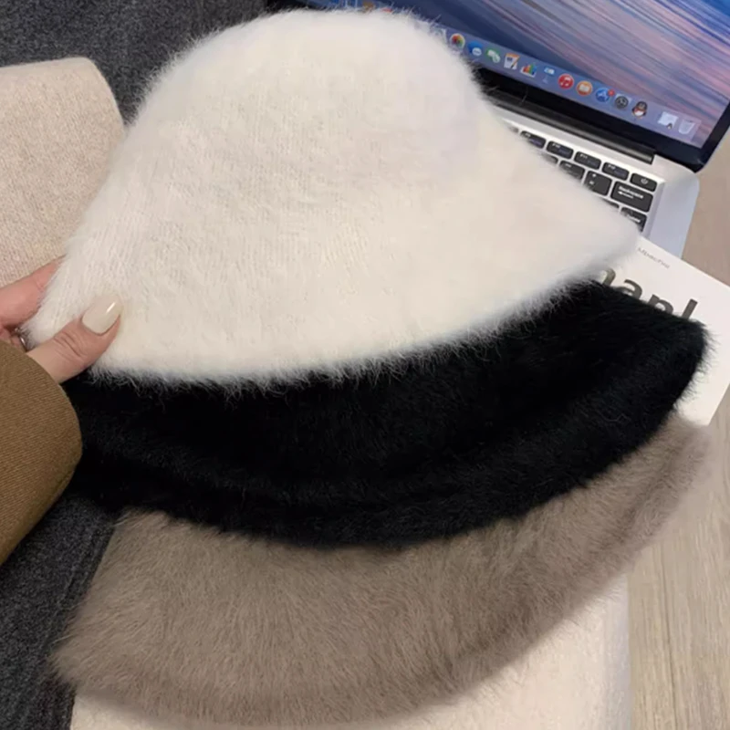 2024 Bucket Hat Plush Rabbit Fur Bucket Hats Soft Warm Women Winter White Black Knitted Fisherman Hat Soft Warm Basin Bucket Hat