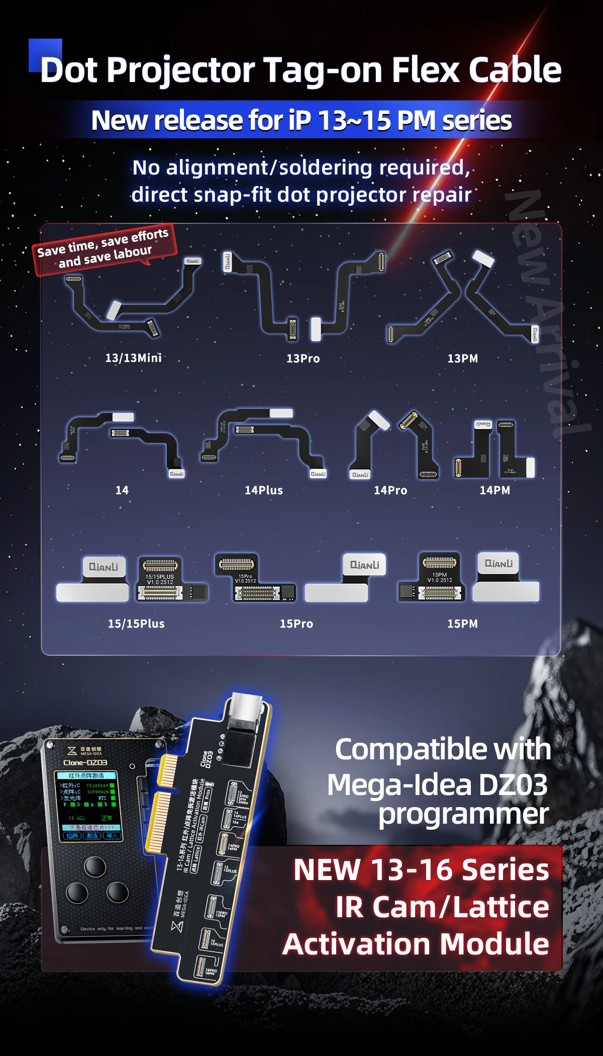 لا يتطلب وحدة التنشيط المصفوفة النقطية QIANLI تفكيك لإصلاح ميزات الوجه المناسبة لهاتف iPhone 13~16 مع الكابلات
