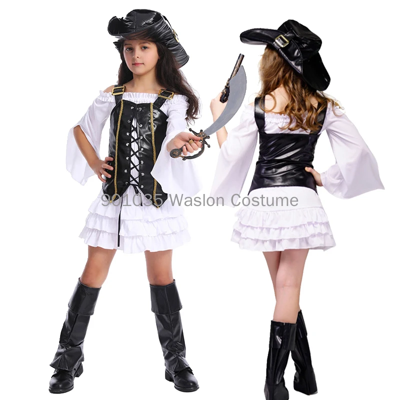 

New White Girl Pirate Dress Cosplay Beauty Pirate Dress Cosplay Kids Pirate Parties Child Birthday With Leather Hat