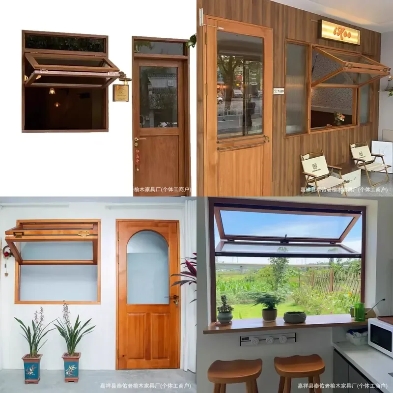 Retro Old Elm Folding Sliding Window for Cafe Dessert Shop Homestay Nostalgic Log Style Door Frame