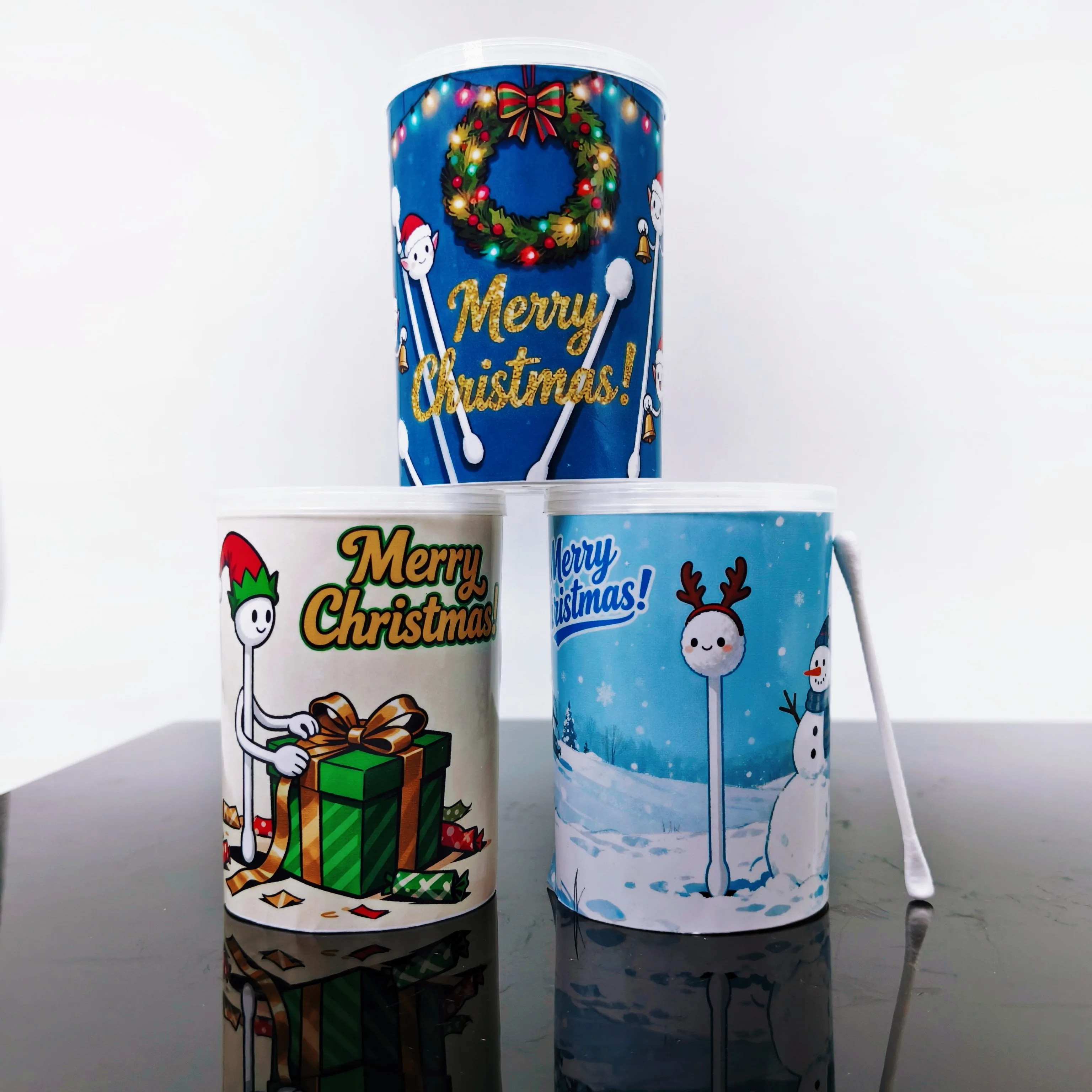 300개/500개 크리스마스 테마 양면 두꺼운 면봉과 둥근 스푼, 창의적인 크리스마스 요소 면봉 스틱