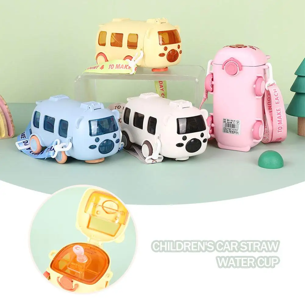 Baby Bus Children's Cute Car Cup With Rope -raising Cup Portable Creativity Cup Plastic Straw -capacity Large Out Go R8Z0