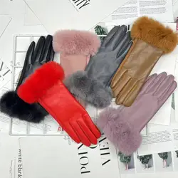 Soft PU Leather Suede Splicing Winter Women Warm Gloves Fashion Elegant Plush Wrist Windproof Thicken Cycling Drive Touch Screen