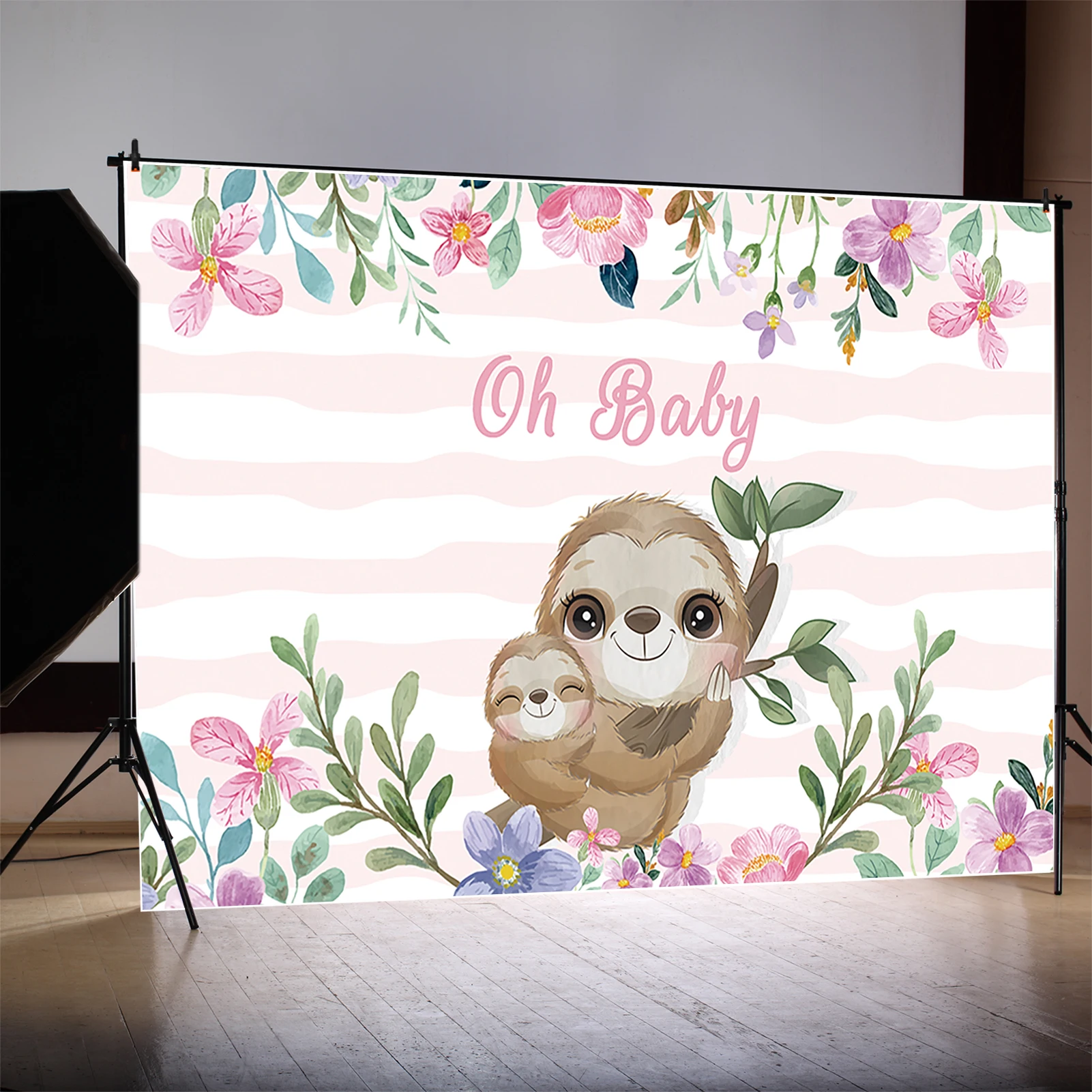 MOON.QG Sloth Mom Baby Shower Background Newborn Stripes Pink Pink Backdrops Customized Party Banner Decoration Photozone Props