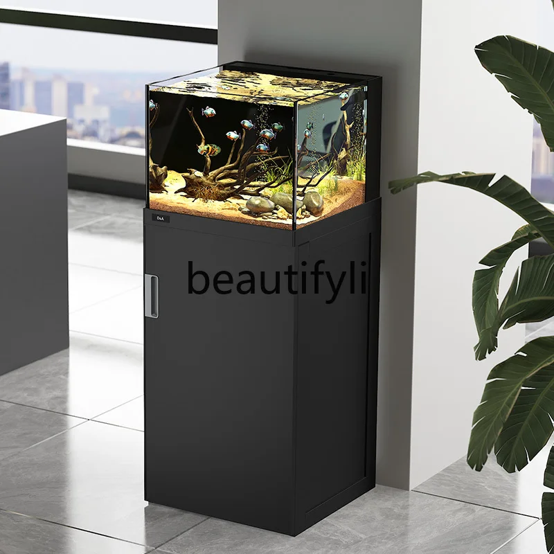 Bottom filter Back overflow Small square tank Living room Ultra white glass Ecological aquarium