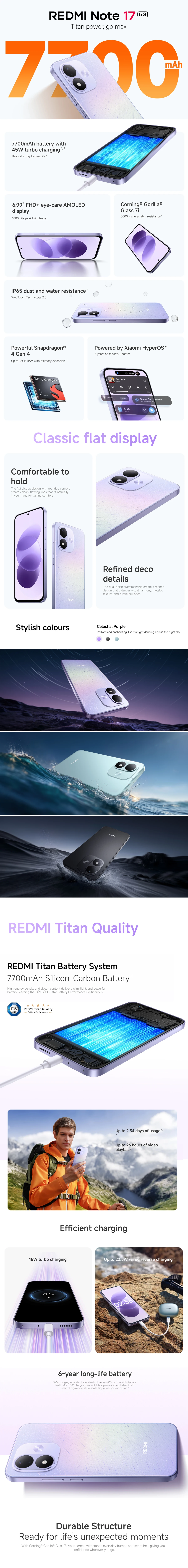 Xiaomi Redmi Note 17 5G Global Version, Dual SIM. 6.99' FHD+ 120Hz AMOLED, Corning Gorilla Glass 7i. Snapdragon 4 Gen4, 7700mAh Battery, 50MP Camera, IP65. Xiaomi HyperOS, 5G Phone for European Networks