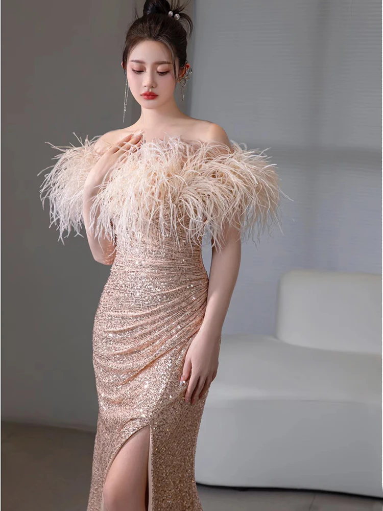 

Ele Feathers Fi Tail Evening Gown One oulder Wedding Dr for Women Luxury Sensation ort Sve Long Dr