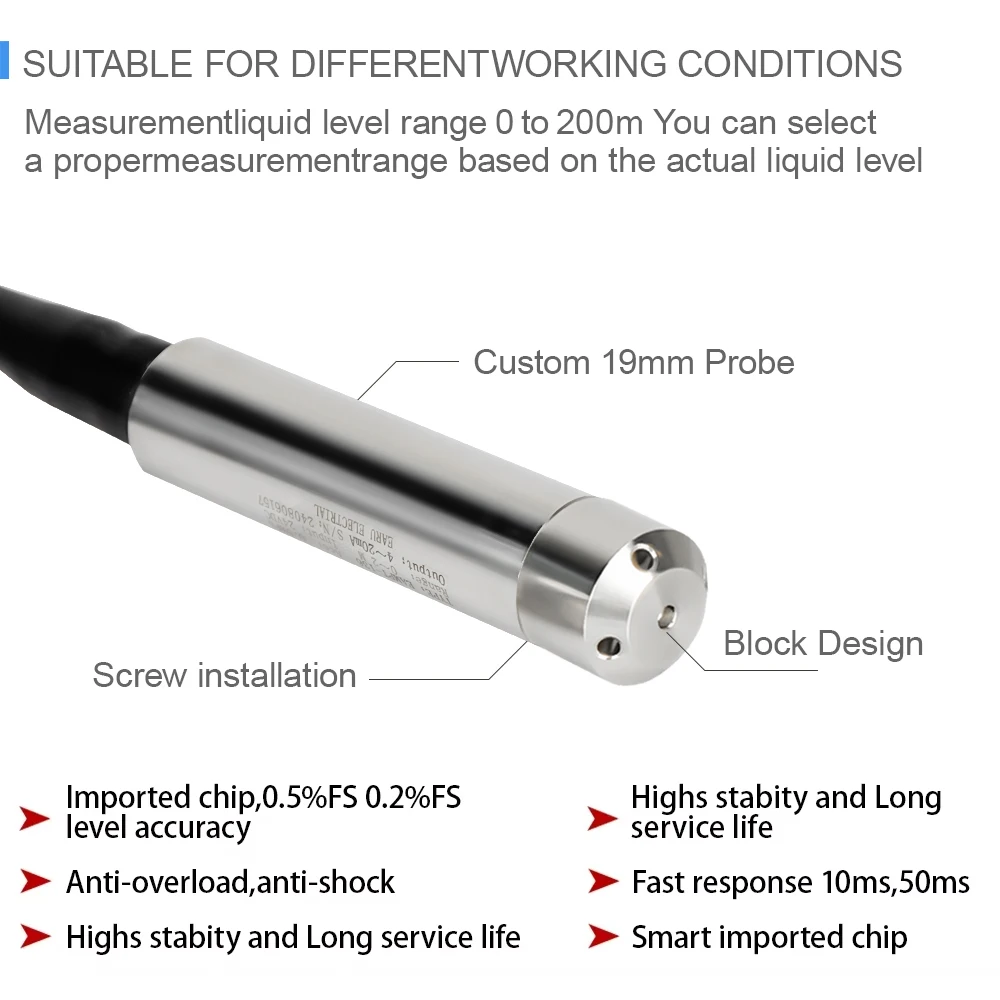 Imagem -03 - Sensor de Nível 420ma 05v 010v Rs485 Saída Transmissor de Nível Líquido Sensor de Nível de Água Sonda Detector Controlador Interruptor Flutuante