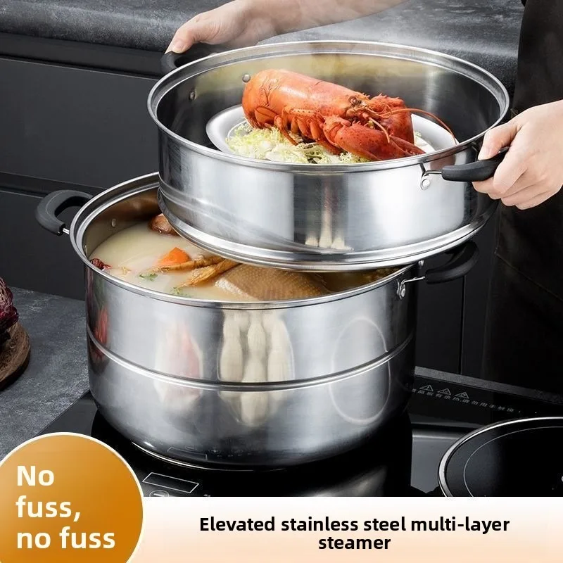 Thickened Steamer Pot Stainless Steel Large Capacity Induction Compatible Double Layer Three Tier Household Steamer Pot