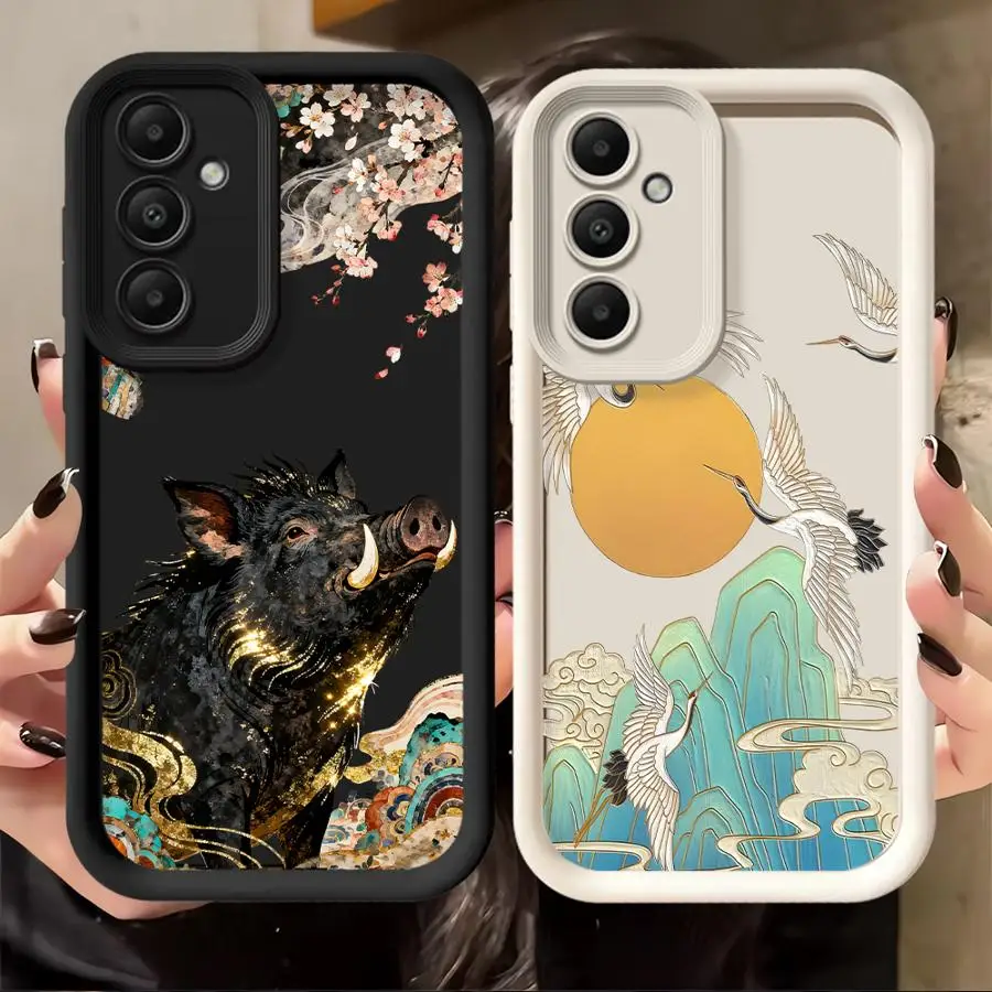 Phone Cover Case for Samsung Galaxy A56 A53 A54 A71 A72 A15 A16 A26 A32 A34 A51 A73 A35 A36 A12 A13 A23 Cartoon Crane Wild Boar