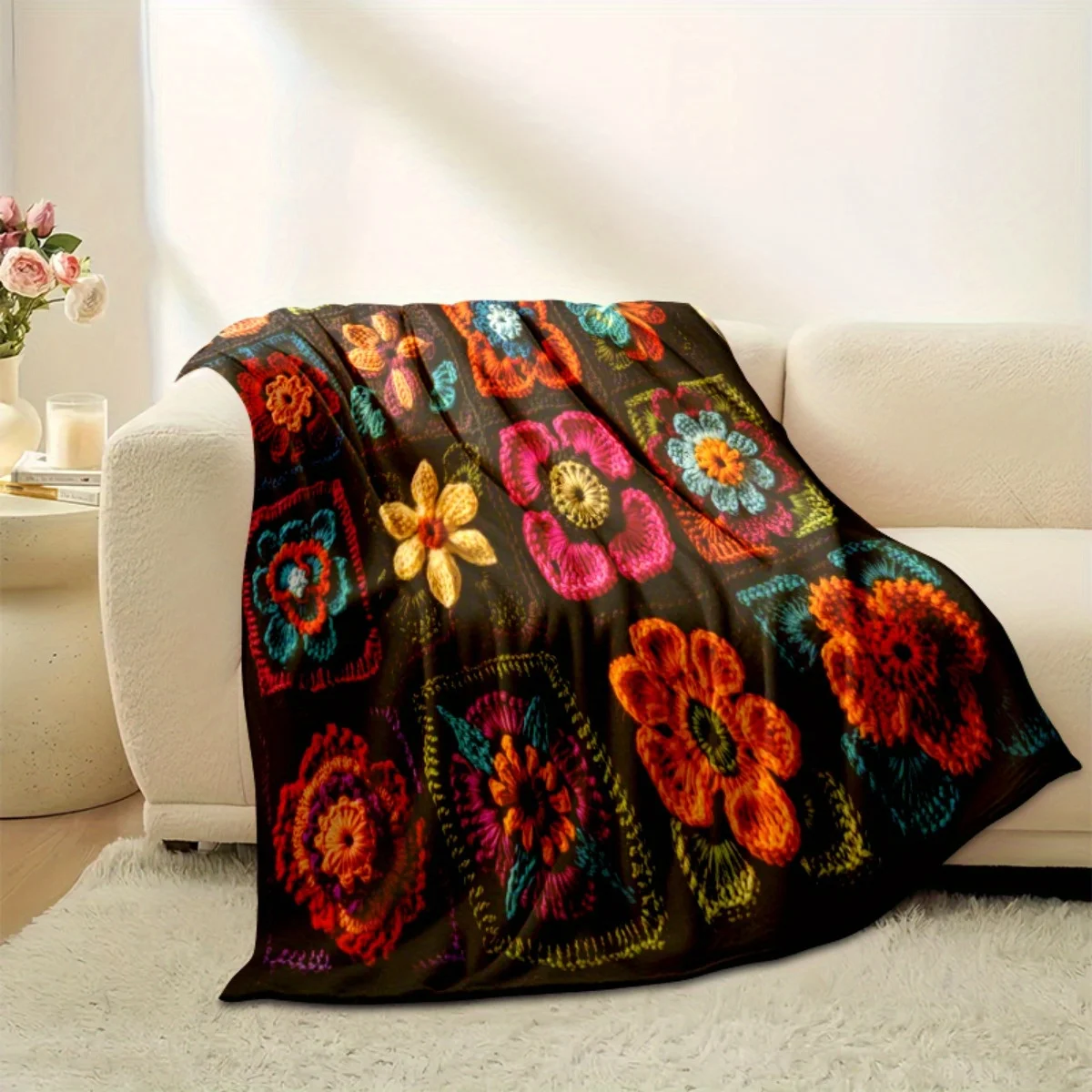 Crochet 3D Flower Print Blanket, Colorful Bohemian Afghan Knit Throw for Sofa Bed, Home Decor Gift, Cozy Decorative Blanket