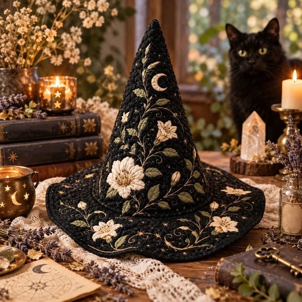 Wide Brim Halloween Witch Hat Vintage Quilting Process Pointed Wizard Hat Reindeer Butterfly Festival Hat Halloween