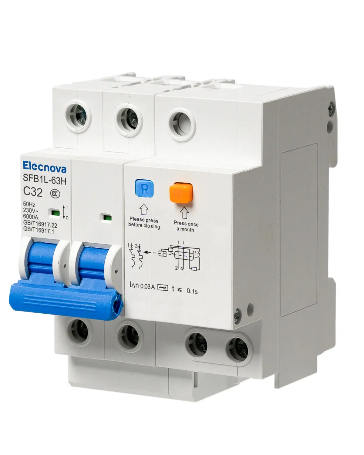 Elecnova AC 32A 2Pole+N 230V DIN Rail Mount Leakage Protection Miniature Circuit Breaker 110V / 120V Available