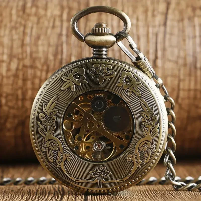 Bronze Hollow Double Crane Handwinding Mechanical Pocket Watch Men Pendant Chain Clock Men Women Cool Gift Relogio De Bolso