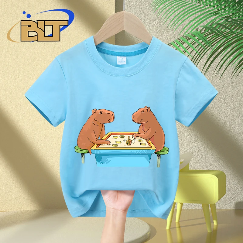 

Capybaras Playing Dreidel cartoon print kids T-shirt summer children's cotton short-sleeved casual tops for boys and girls