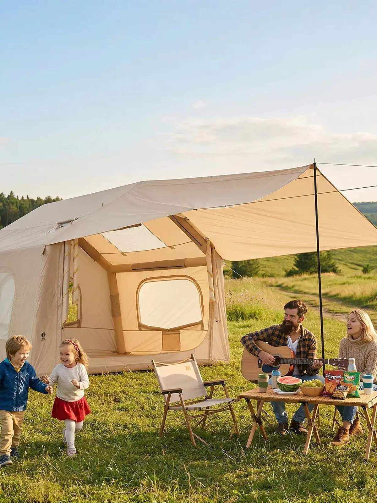 Schnell aufzubauendes aufblasbares Campingzelt mit Dachfenster und Überdachung, geräumiger Outdoor-Unterschlupf, einfache Präsentation, tragbarer Familienunterstand für 2-6 Personen