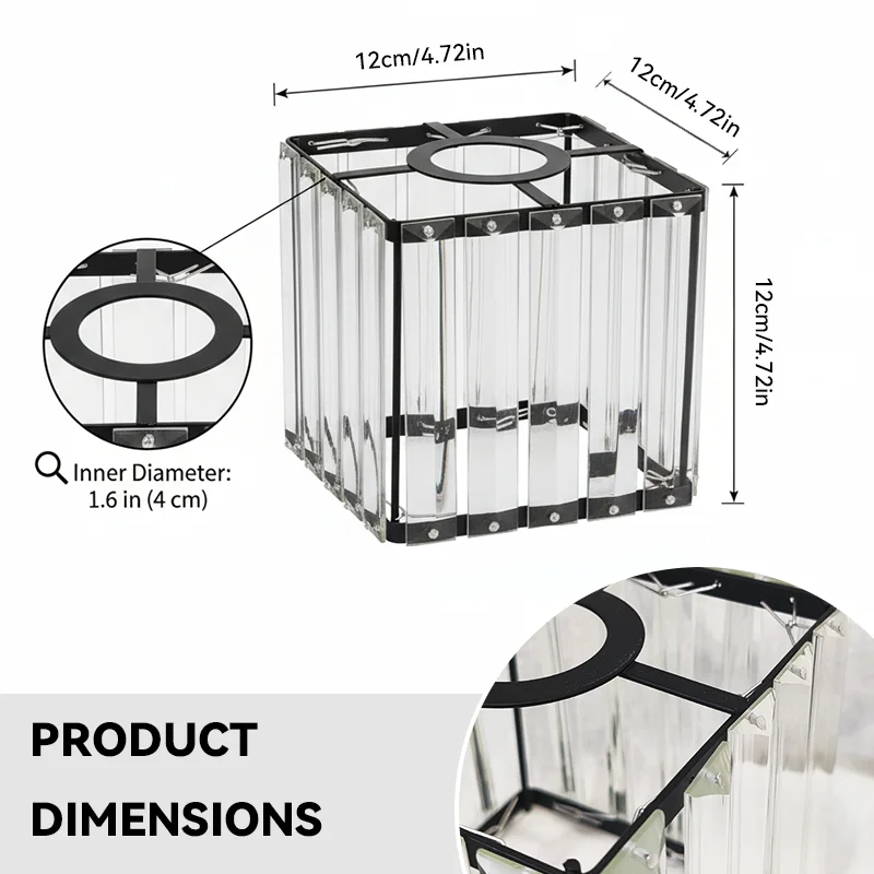 Luxury Cube Ribbed Crystal Lamp Shade 12cm Square Glass Lampshade Replacement Cover Black Rose Gold Frame for Pendant Chandelier