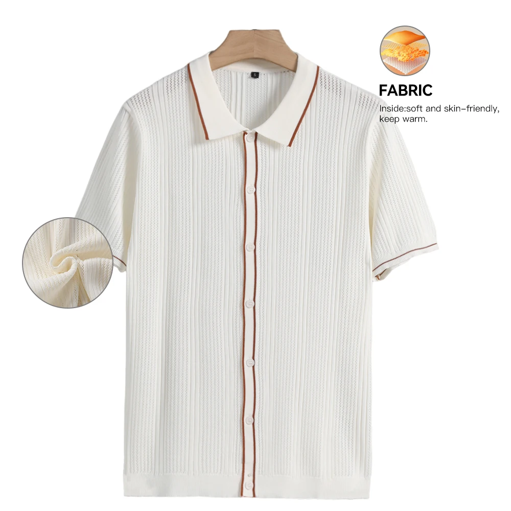 

Slavinson Men's Knit Short Sleeve Summer Fashion Retro Lapel Top Solid Color Soft Breathable Light Polo Fit Knitwear Men US Size