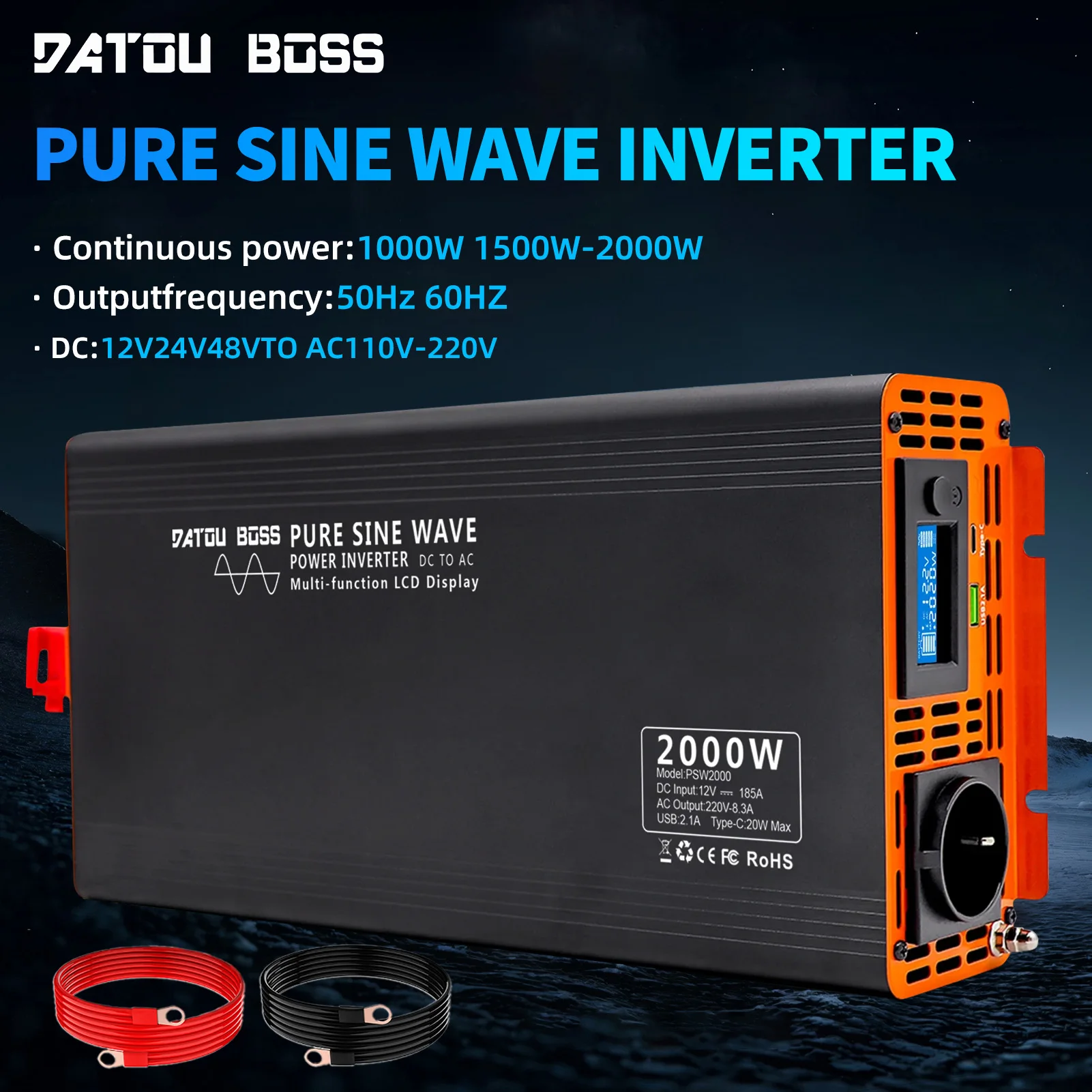 DATOUBOSS Pure Sine Wave Inverter 4000W DC 12V 24V 36V 48V 60V 72V to AC 220V 240V Power Inverter Continuous Power 2000W