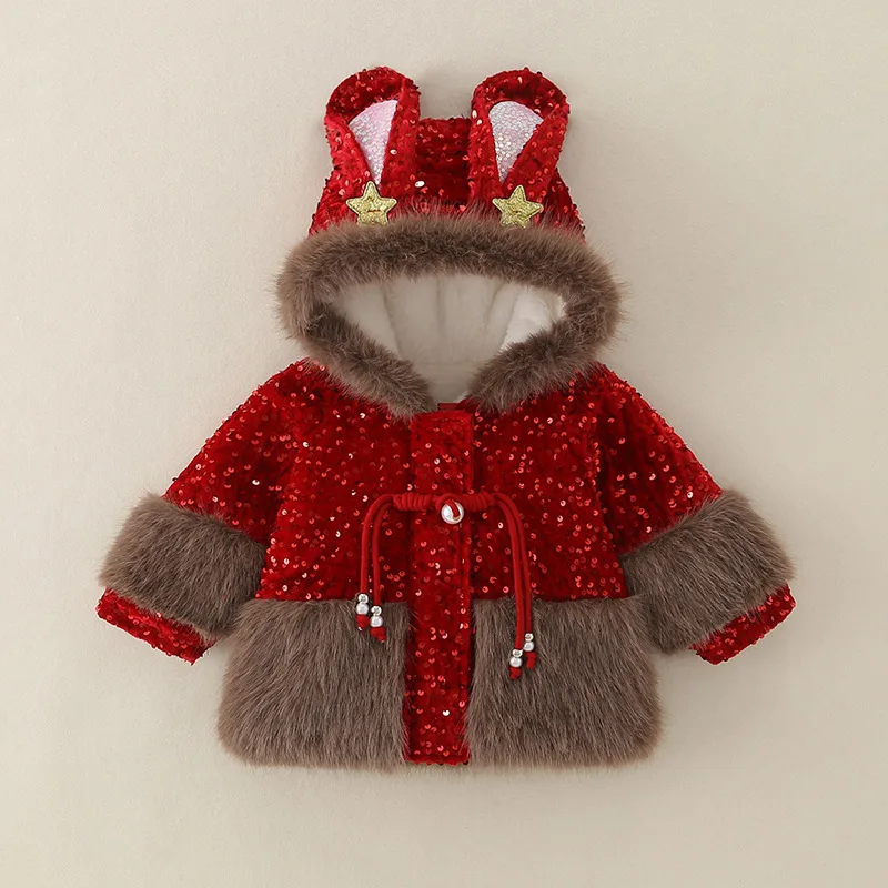 

2025 Girls' Winter New Style Festival Atmosphere with Thick Fury Neck Rabbit Ears Hooded Coat