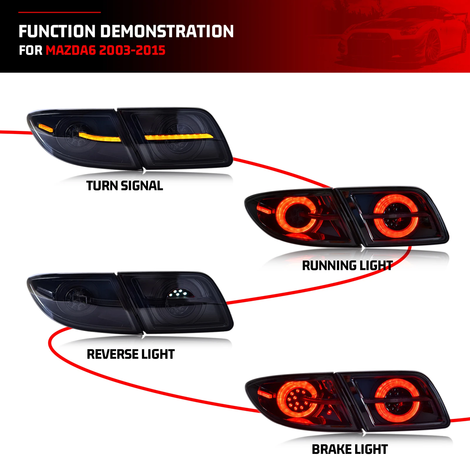 Luci posteriori a LED per Mazda 6 2002-2008 Berlina Berlina Animazione dinamica Lampeggiante sequenziale Nero Gruppo lampade posteriori