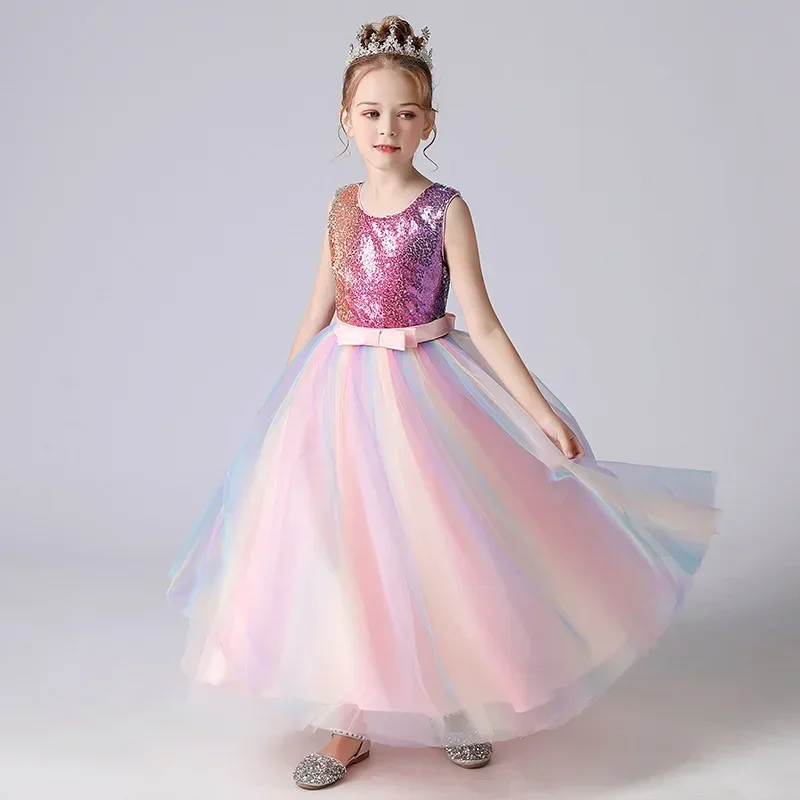 Fashion Girls Sequin Dress Lace Mesh Sleeveless Princess Dress for Girls Summer Children Girls Party Dress 3-13Y