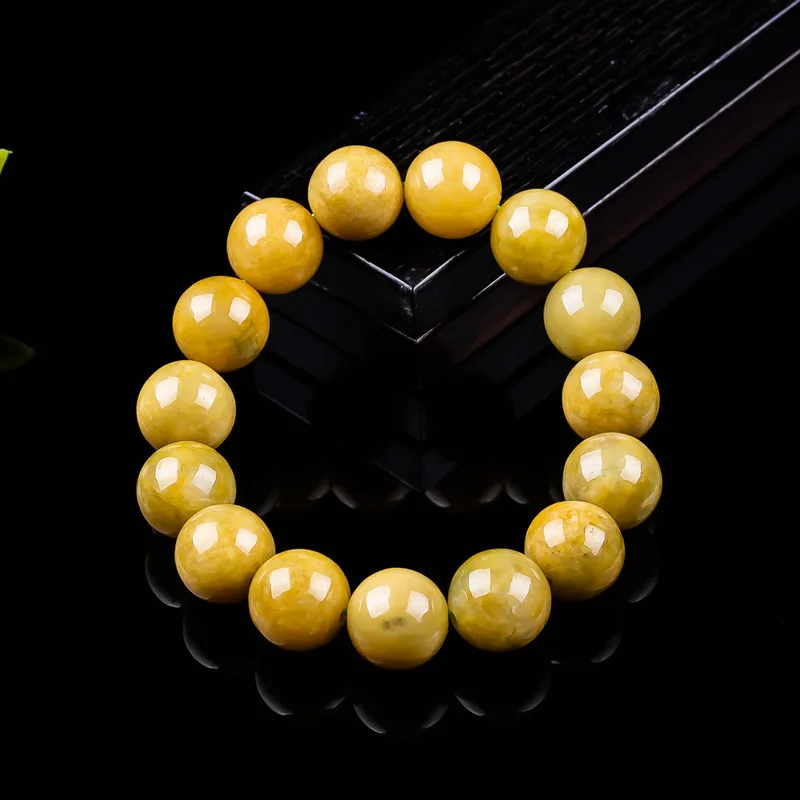 Genuine A-grade jadeite 13mm full yellow round bead bracelet exquisite jade jewelry gift for men and women