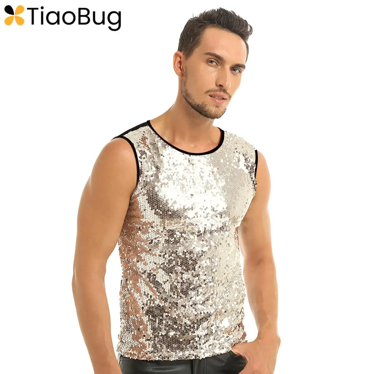 Mens Shiny Sequins Sleeveless Tank Top Slim Fitted Crop Top Vest Tee T-shirts Stage Performance Costume Clubwear