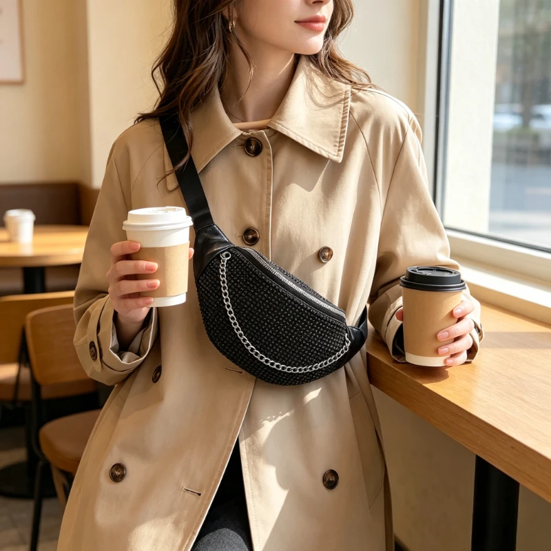 New Large-Capacity Sequin Rhinestone Crossbody Bag, Trendy Fashion Shoulder Bag, Simple Chest Bag