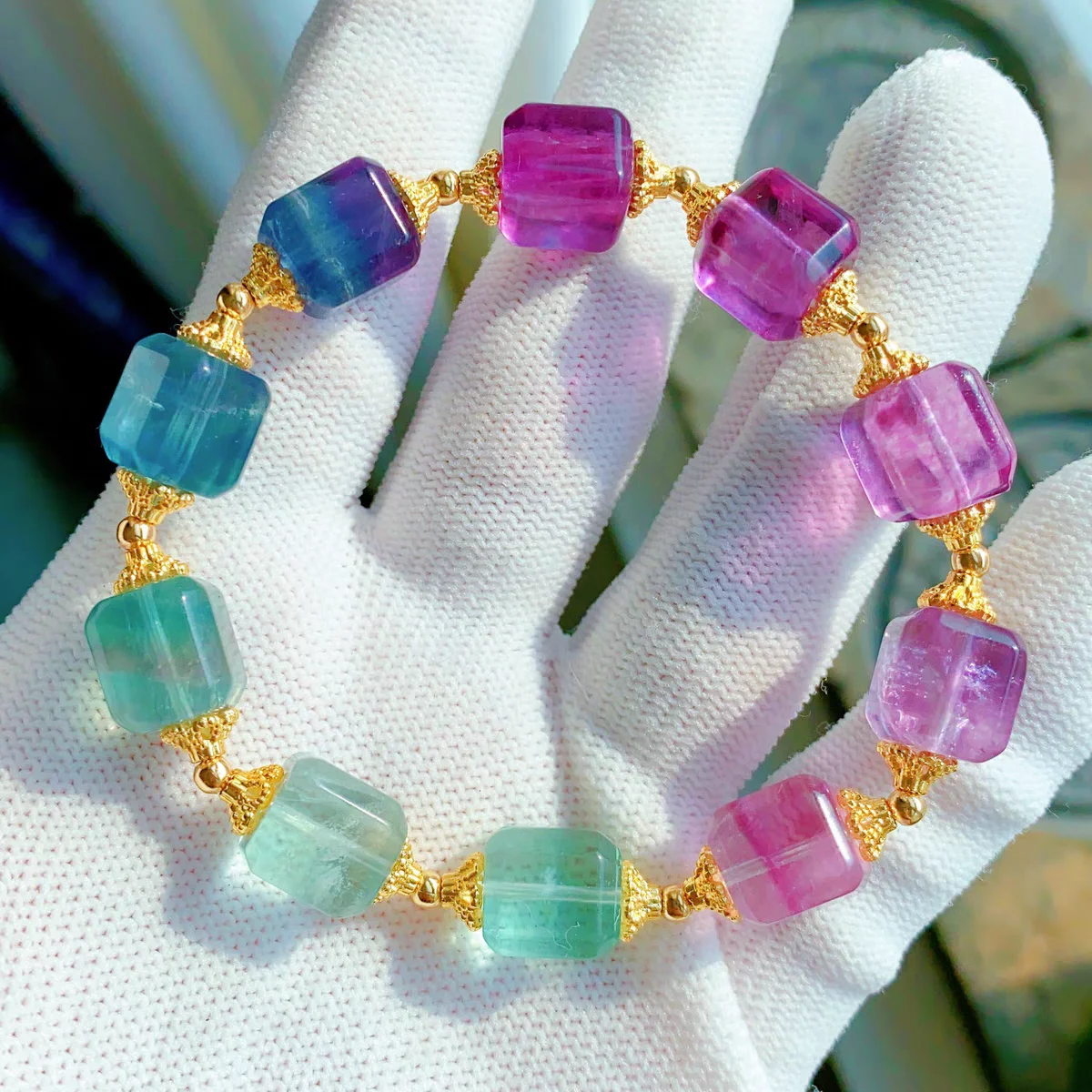 

Natural Green Purple Fluorite 10x10mm Clear Cube Beads Bracelet Crystal Colorful Fluorite Women Men AAAAA