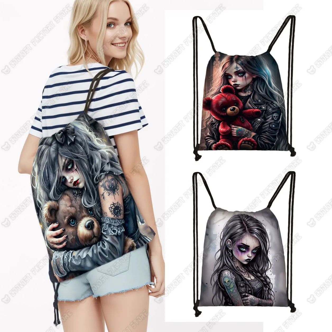 Cartoon Gothic Girl and Bear Doll Print Drawstring Bag Goth Girl Women Shoes Storage Bags Book Bag for Travel Shoes Holder