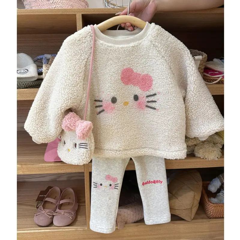 2 szt. Kawaii Hello Kittys dziewczyny jesienno-zimowa pluszowa bluza z motywem kreskówkowym garnitur nowe dzieci zagęszczone topy z długim rękawem spodnie śliczne