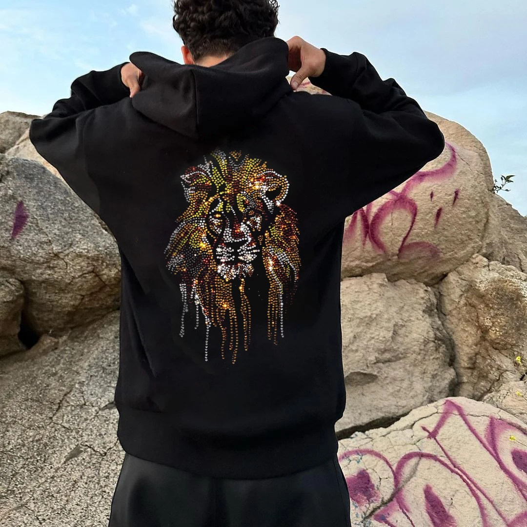 New Fashion Mens Loose Sweatshirt Hoodies Black Lion Rhinestone Hoody Male Casual Warm chic Jacket Coats Women Unisex Pullover