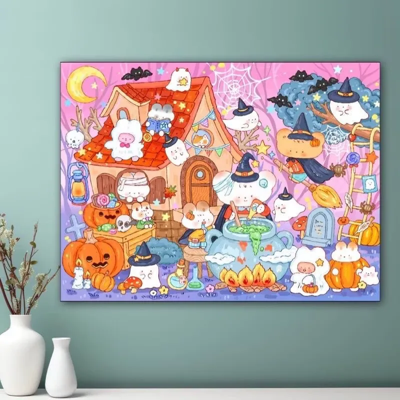 9CT 14ct Cartoon Halloween Town Printed Kit Cross Stitch Embroidery DIY Needlework Crafts With Needles Threads 63 Colors
