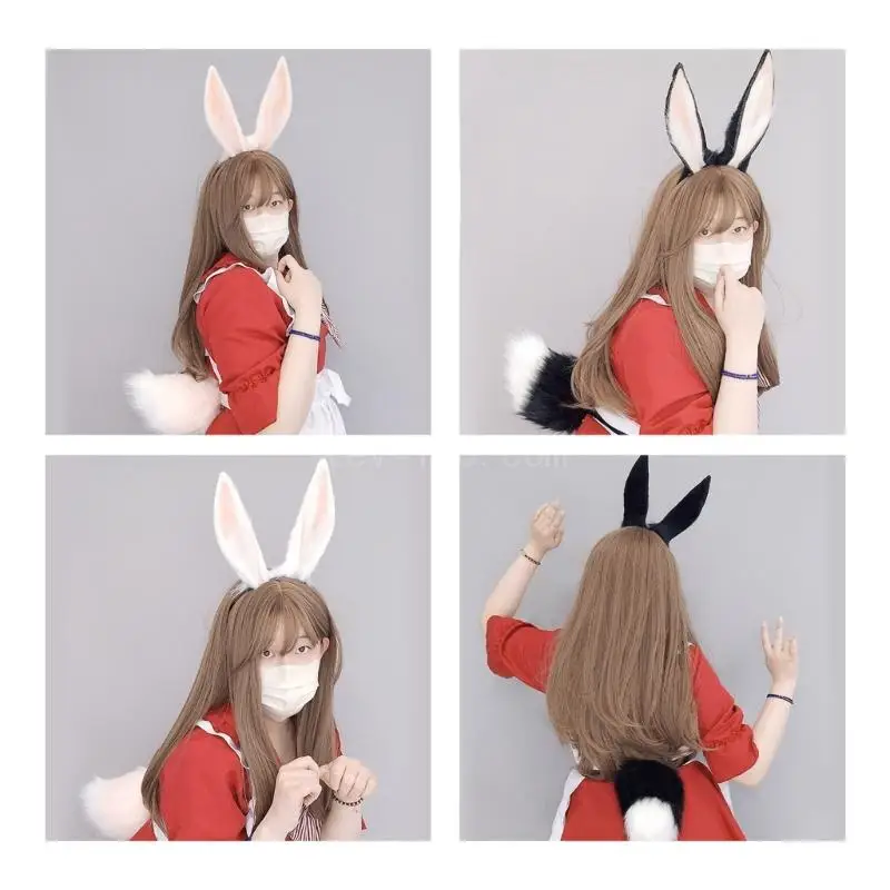 Girls Anime Hairhoop Plush Rabbit-Ear Headband/Tail Cosplay Costume Party Lovely Headdress Women Comic-Show Headwear