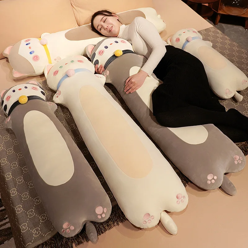 70-130CM Kawaii Kitten Plush Long Pillow Full Stuffed Soft Bell Cat Dolls Sleeping Bed Cushion for Girlfriend Birthday Gifts