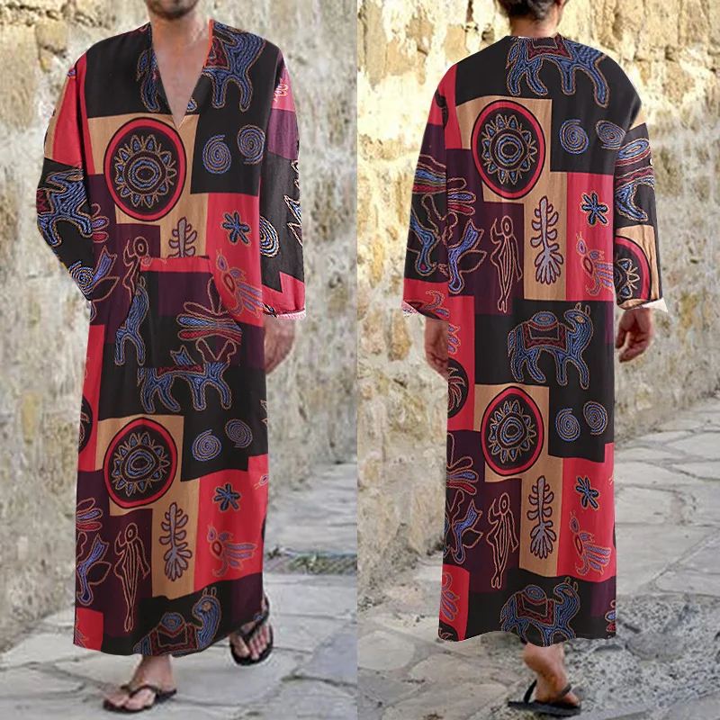 

Muslim Fashion Jubba Thobe Middle Eastern Ethnic Clothing Men's Long Robe Printed Long Robe Arab Robe