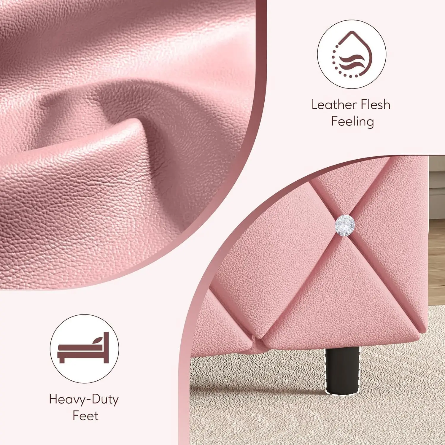 Estrutura de cama de solteiro, estrutura de cama estofada rosa tamanho duplo com cabeceira capitonada de diamante, estrutura de cama de solteiro para meninas com couro sintético