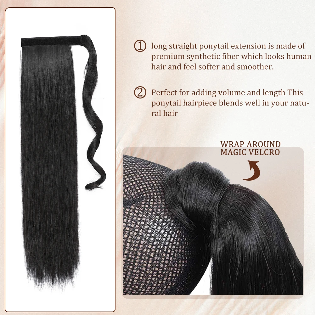 Straight Long Ponytail Synthetic Extensions 18 Inches Wrap Around Hair Piece Magic Paste Ponytail Extensions for Women Girls