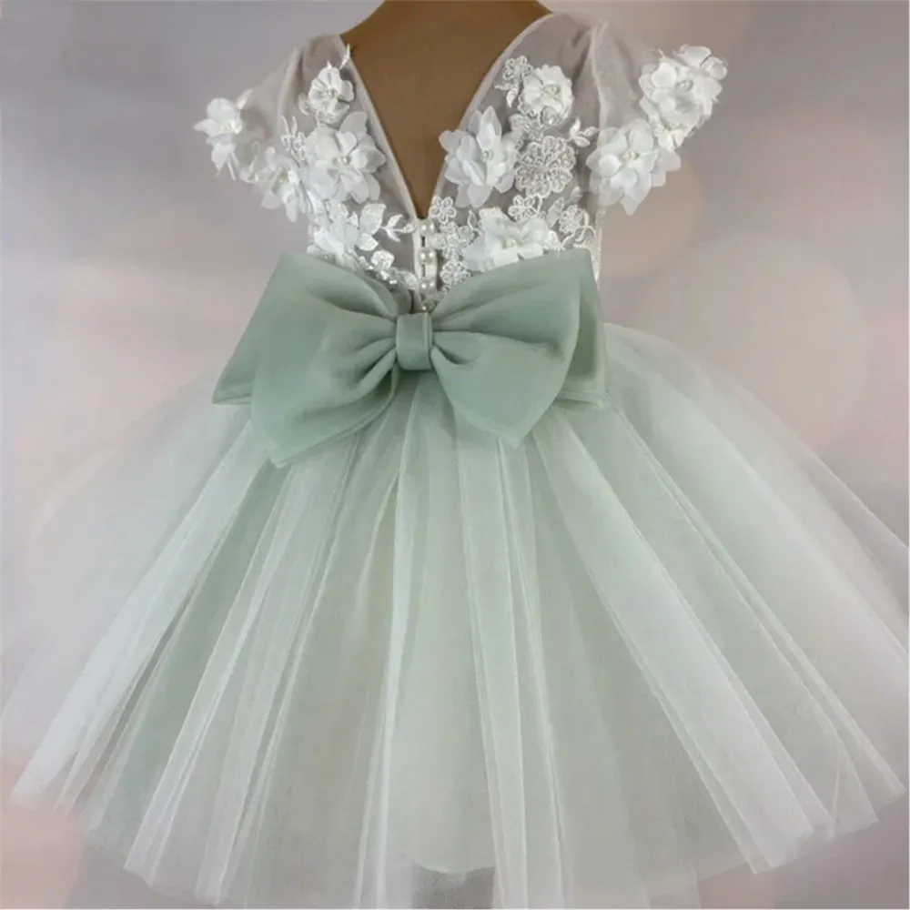 

Light Champagne Flower Girl Wedding Dress Appliques Floral With Bow Short Sleeve Princess Birthday Banquet First Communion Gown