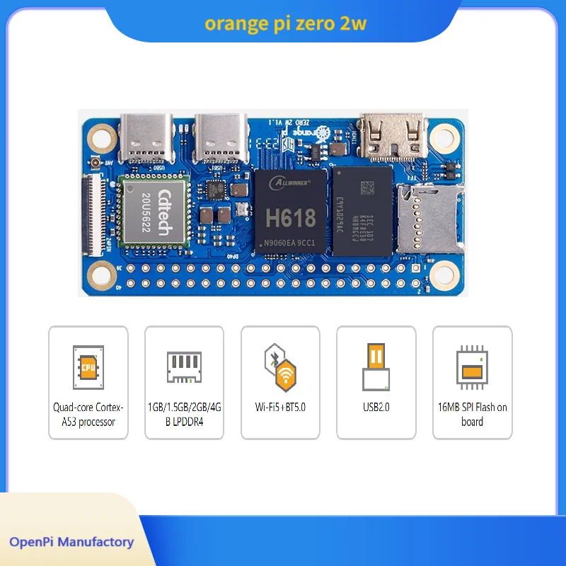 

OpenPi Orange Pi Zero 2W (1G/2G/4G LPDDR4 RAM) H618, 4xARM Cortex-a53 Up to 1.5GHz,WiFi5&BT5.0 Support Expansion,Ethernet,Mini