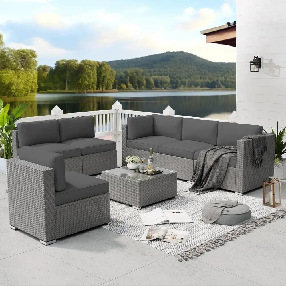 Set furnitur luar ruangan, 7 buah Set furnitur teras luar ruangan, Set percakapan bagian teras luar ruangan rotan, Set Sofa taman