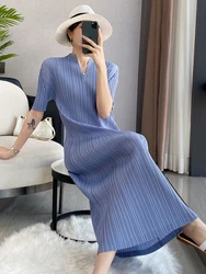 ALSEY Miyake Pleated Elegant Dresses for Women V-neck Short Sleeve Long Dress 2024 Summer New Loose Casual Elegant Clothing