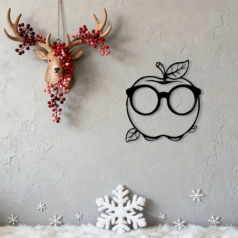 Retro Glasses Bookend Leaf Metal Wall Art, Engraved Iron Craft Mural, Office Room Library Decor