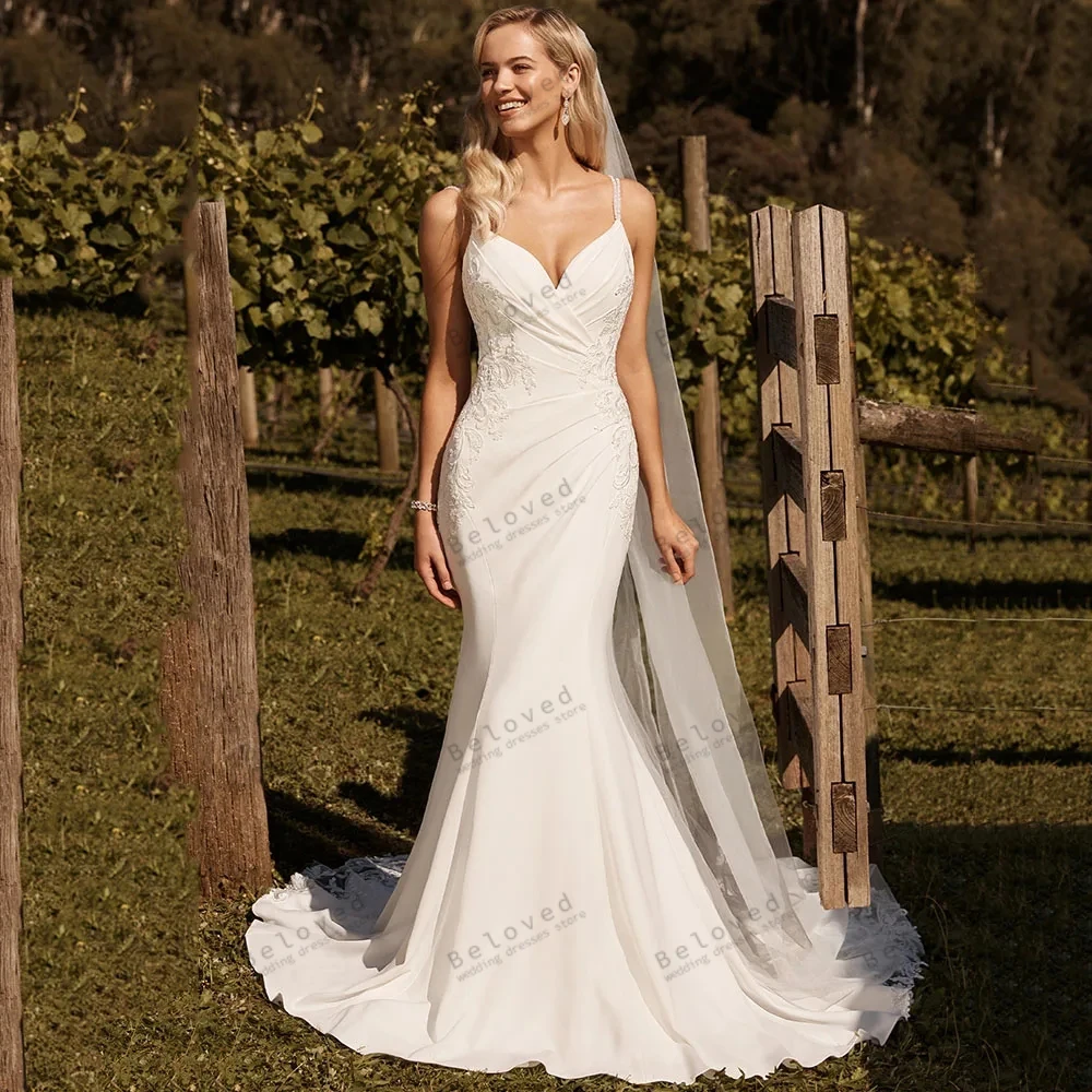 Exquisite Brautkleider Satin Brautkleider Schatz rücken freie Scheide Meerjungfrau Spitze Applikationen boden lange Vestidos de Novia