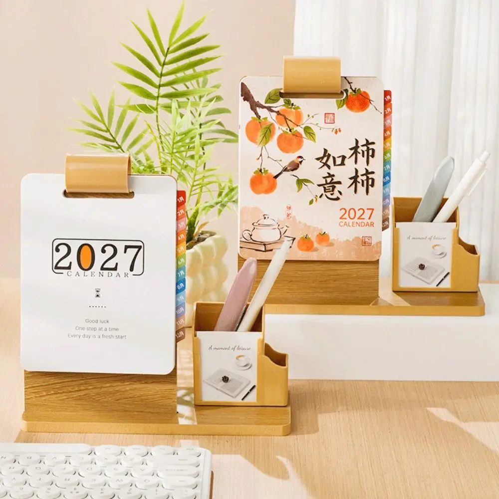 Creative Wood 2027 Desk Calendar Multifunctional Creative Pen Holder Calendar Pen Holder 2027 Calendar Organizer Office Use